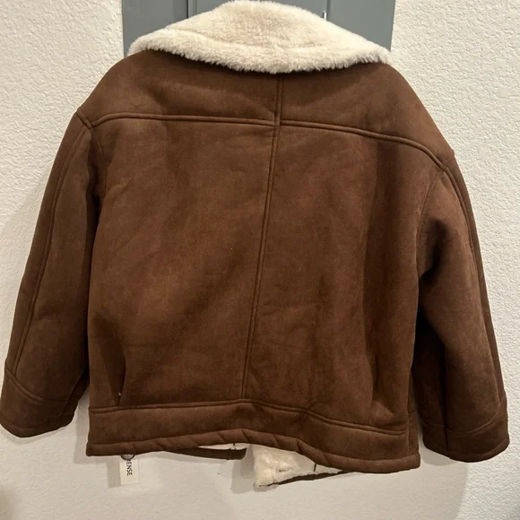 Commense Fleece Lined Lapel Coat Jacket Suede Sherpa Brown White Collar Size M - Picture 7 of 7